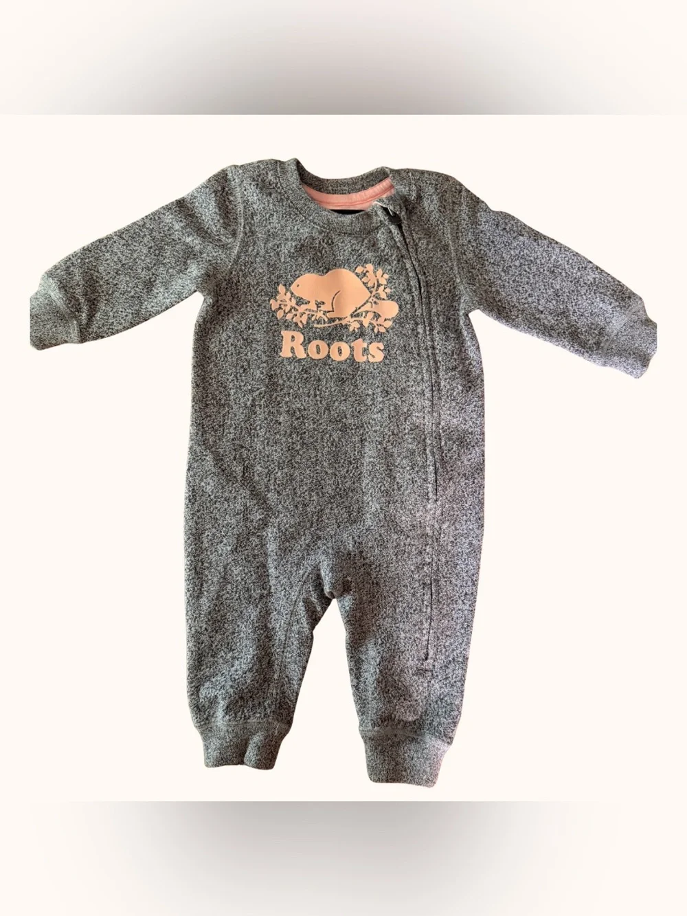 Roots Grey Baby One-Piece Romper with Pink Logo